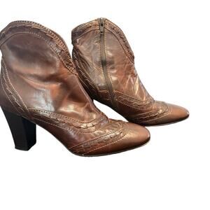 Sesto Meucci Brown Leather Ankle Boots 5 Made In Italy Whipstitch Block Heel